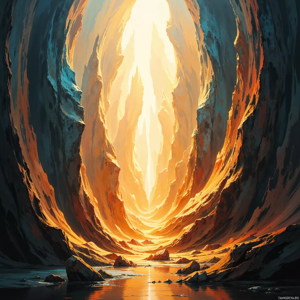 A dramatic, sunlit canyon with towering rock formations and a reflective pool at the base.