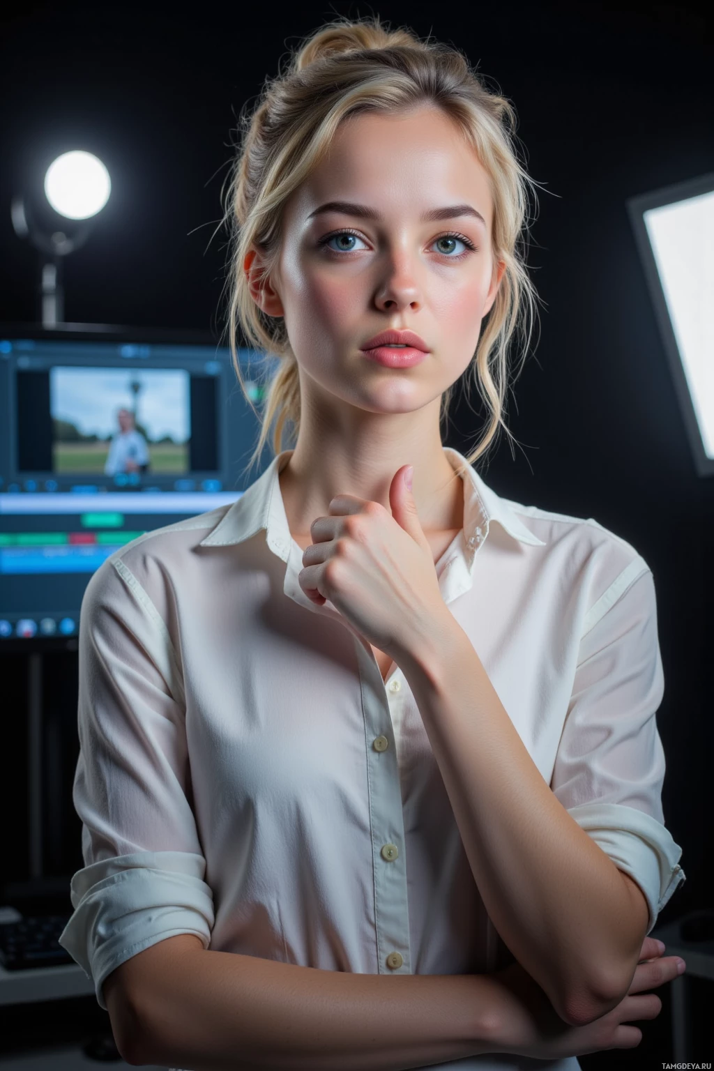 A woman in a white shirt stands with her arms crossed in front of a monitor displaying a video editing interface.
