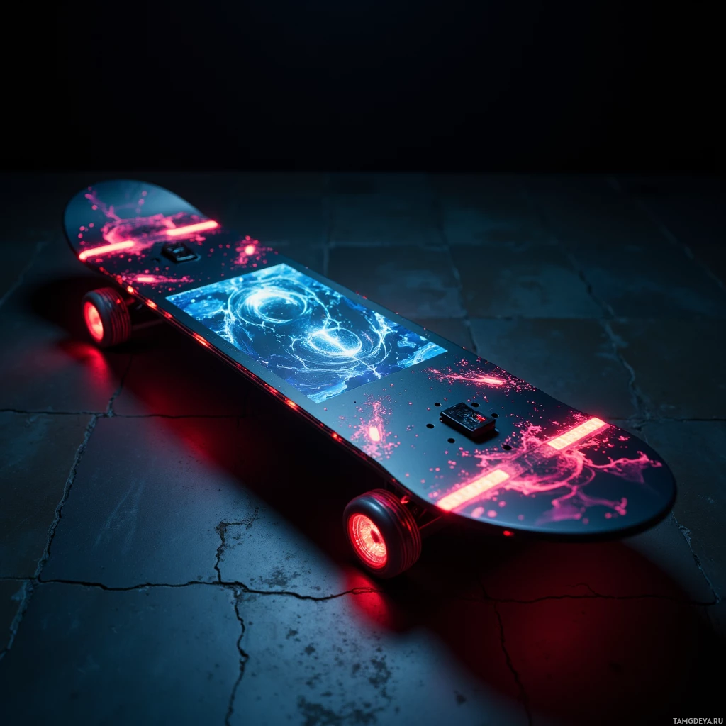 A skateboard with glowing red and blue lights rests on a cracked surface.