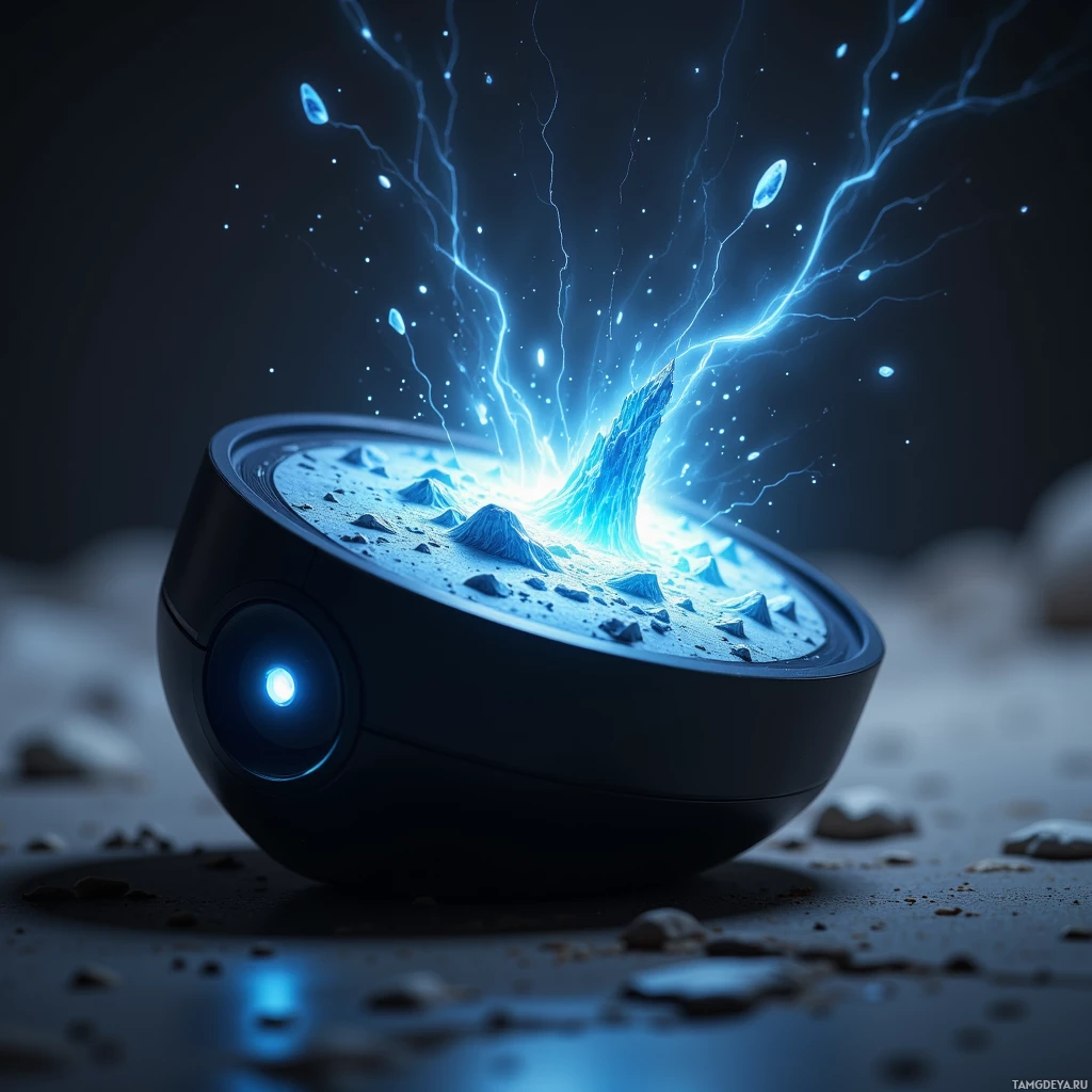A glowing, futuristic device emits blue light and energy tendrils against a dark, rocky background.