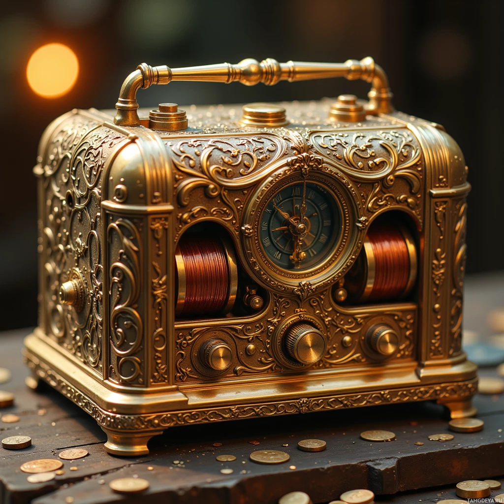 An ornate, golden, vintage-style clock with intricate designs and a handle on top.