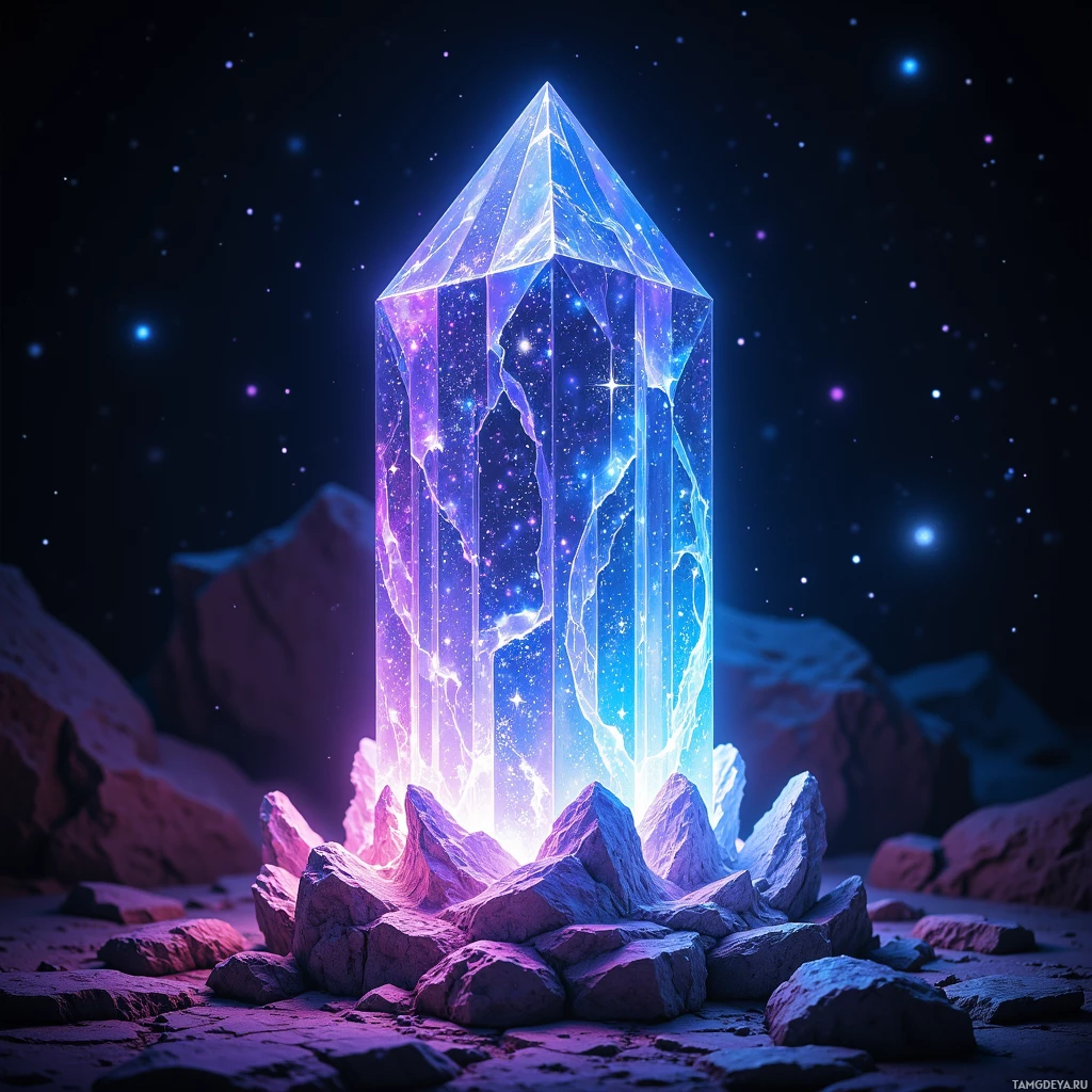 A glowing crystal structure with a cosmic, starry interior stands amidst rocky terrain under a starlit sky.