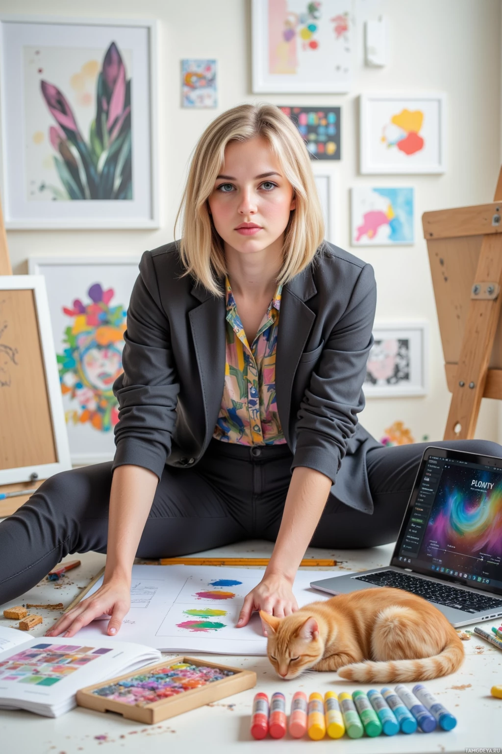 A person sits at a desk with a laptop, colorful art supplies, and a cat resting nearby.