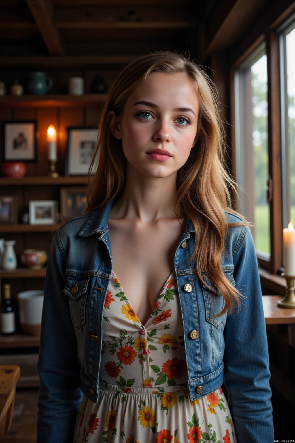 A young woman with long hair stands indoors, wearing a denim jacket over a floral dress.