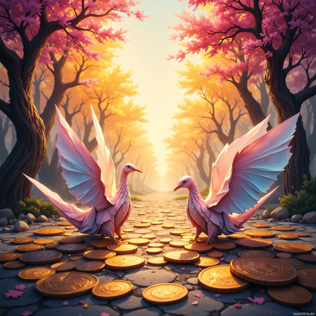 Two winged birds with pink feathers stand amidst golden coins on a cobblestone path in a forest with cherry blossoms.