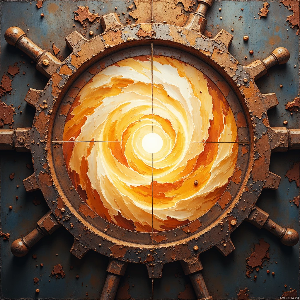 A rusted gear with a swirling, glowing center.