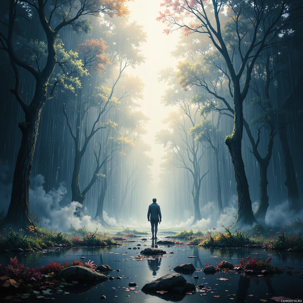 A lone figure stands at the edge of a serene forest lake, surrounded by tall trees and falling rain.