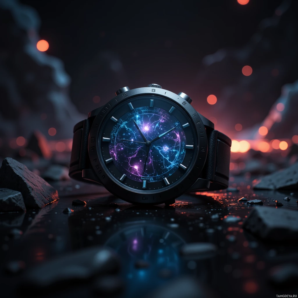 A futuristic wristwatch with a glowing, cosmic-themed face rests on a dark, rocky surface.