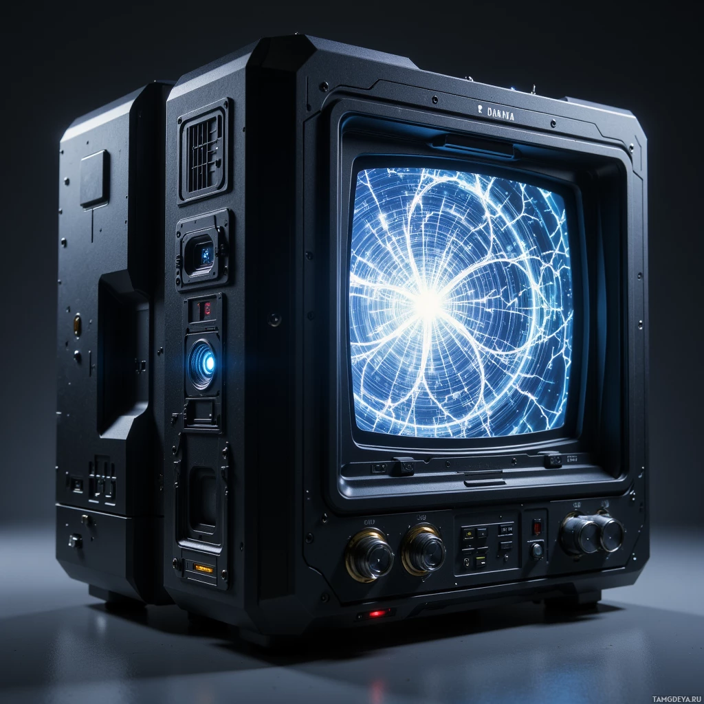 A futuristic, black, cube-shaped device with a glowing blue screen and various control panels.