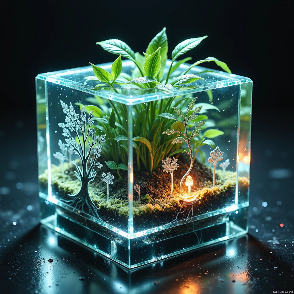 A glass cube terrarium with a variety of plants and a glowing light source inside.