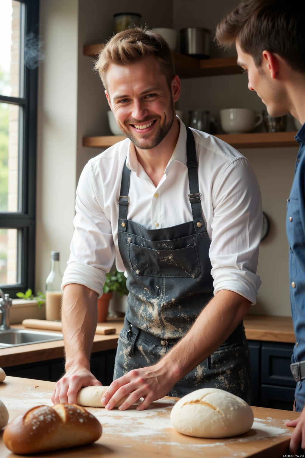 Two men are in a kitchen, one wearing an apron and rolling dough on a table.