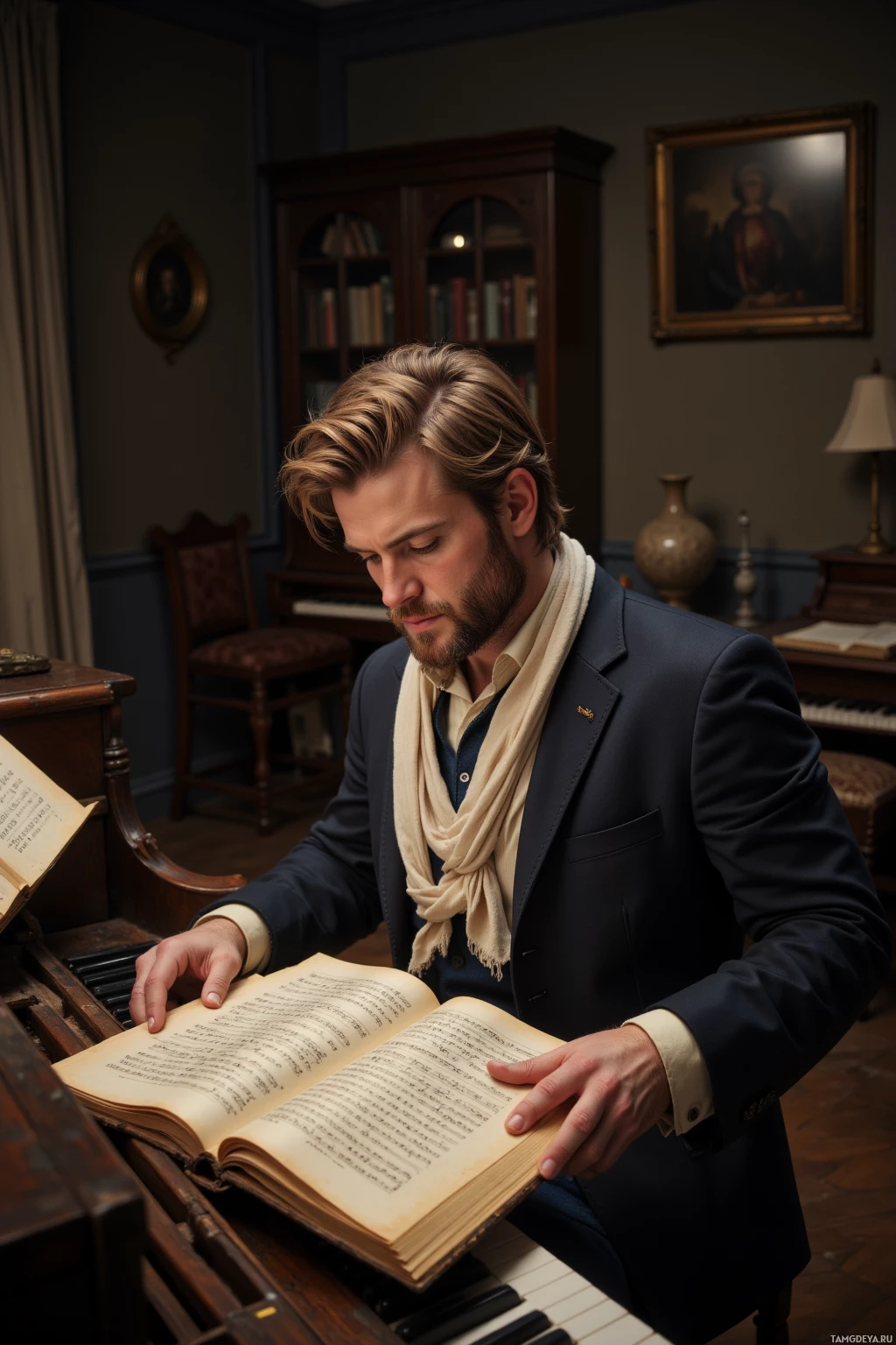 A man in a suit and scarf is reading sheet music at a piano.