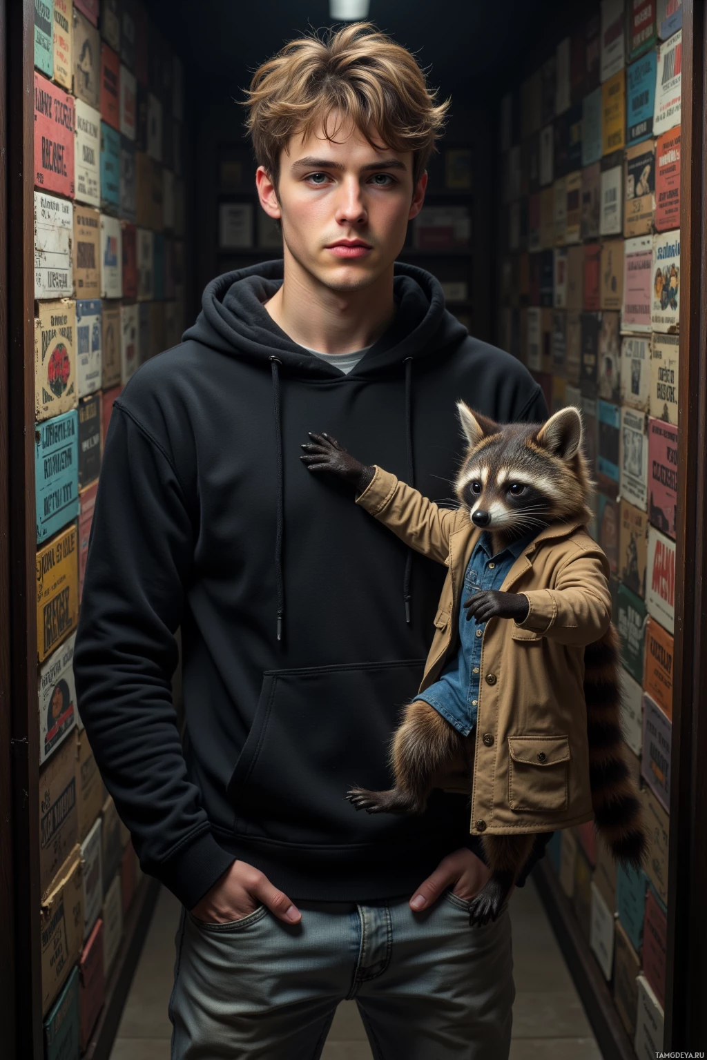 A person in a hoodie stands in a narrow alleyway with a raccoon perched on their shoulder.