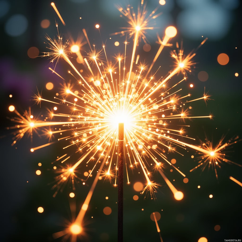 A close-up of a sparkler emitting bright, golden sparks against a dark background.
