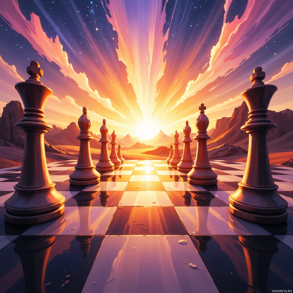 A surreal landscape featuring a giant chessboard with oversized chess pieces under a vibrant, starry sky.