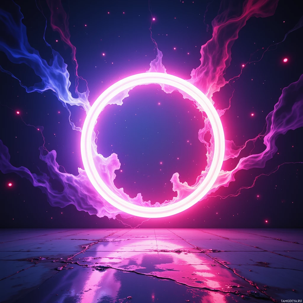 A glowing circular portal with swirling pink and purple energy against a dark, starry background.