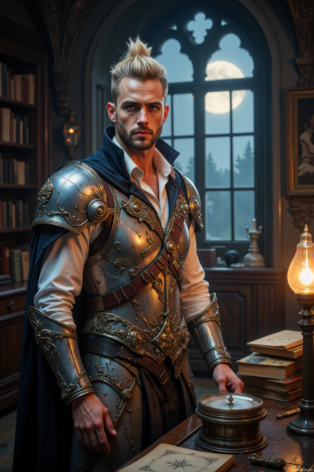 A man in ornate armor stands in a dimly lit room with a full moon visible through the window.