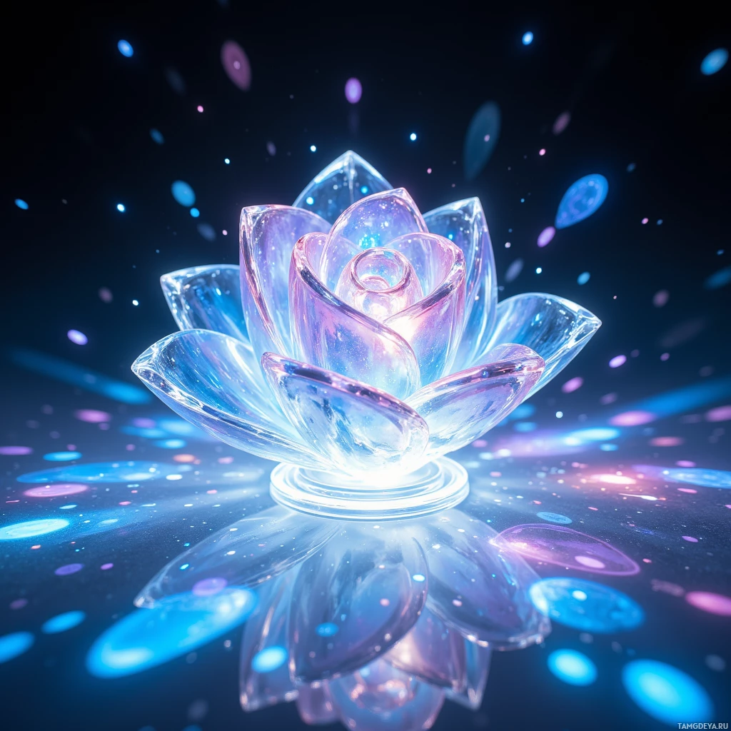 A glowing, translucent crystal lotus flower with a dark, starry background.