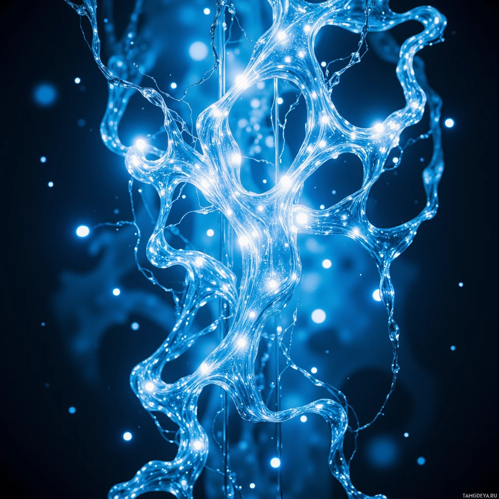 A glowing, abstract, blue, liquid-like structure with light particles against a dark background.