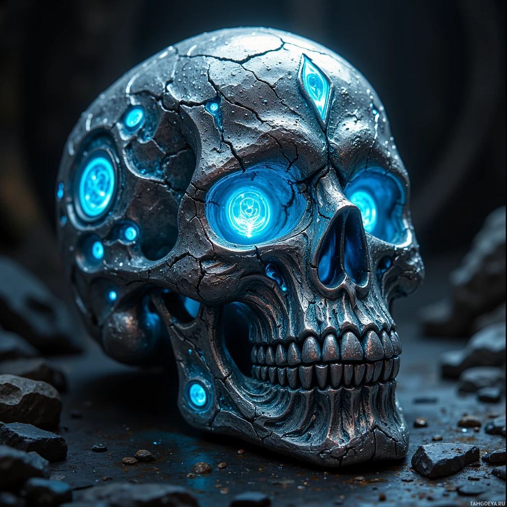 A metallic skull with glowing blue eyes and intricate designs.