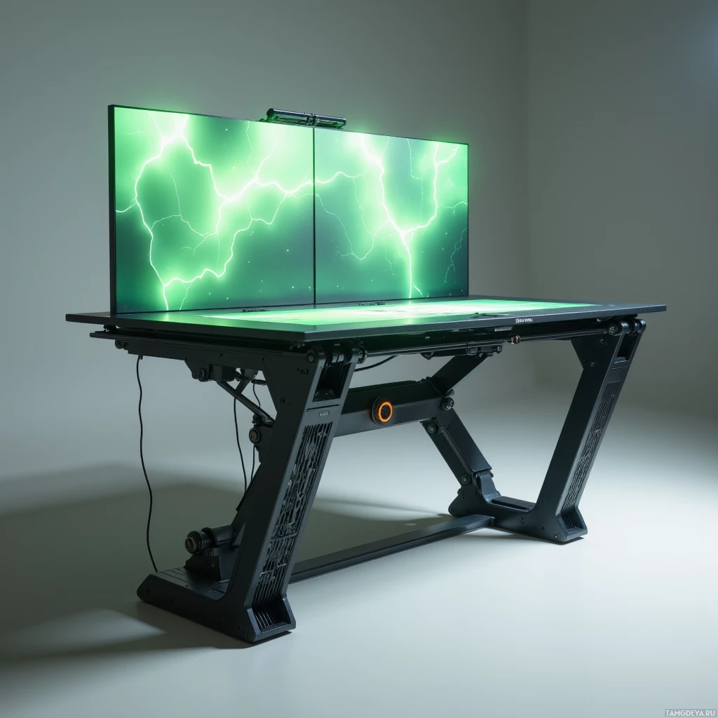 A modern desk setup with a dual-monitor display showing a lightning bolt pattern.