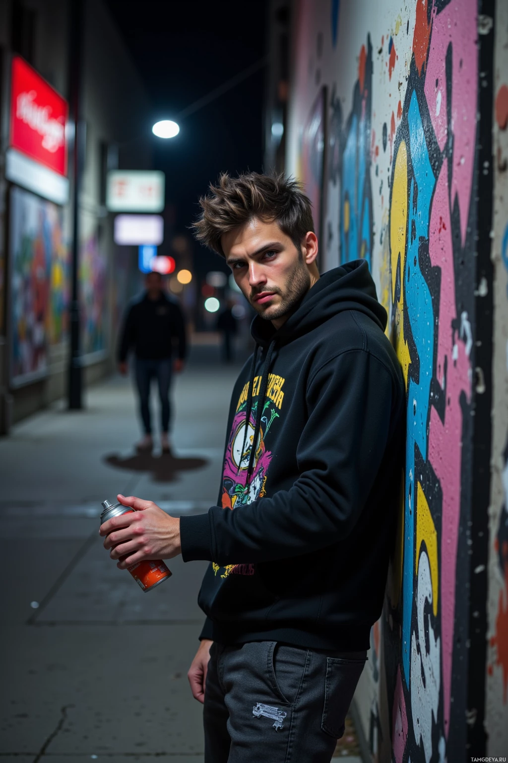 A person in a hoodie leans against a graffiti-covered wall at night.