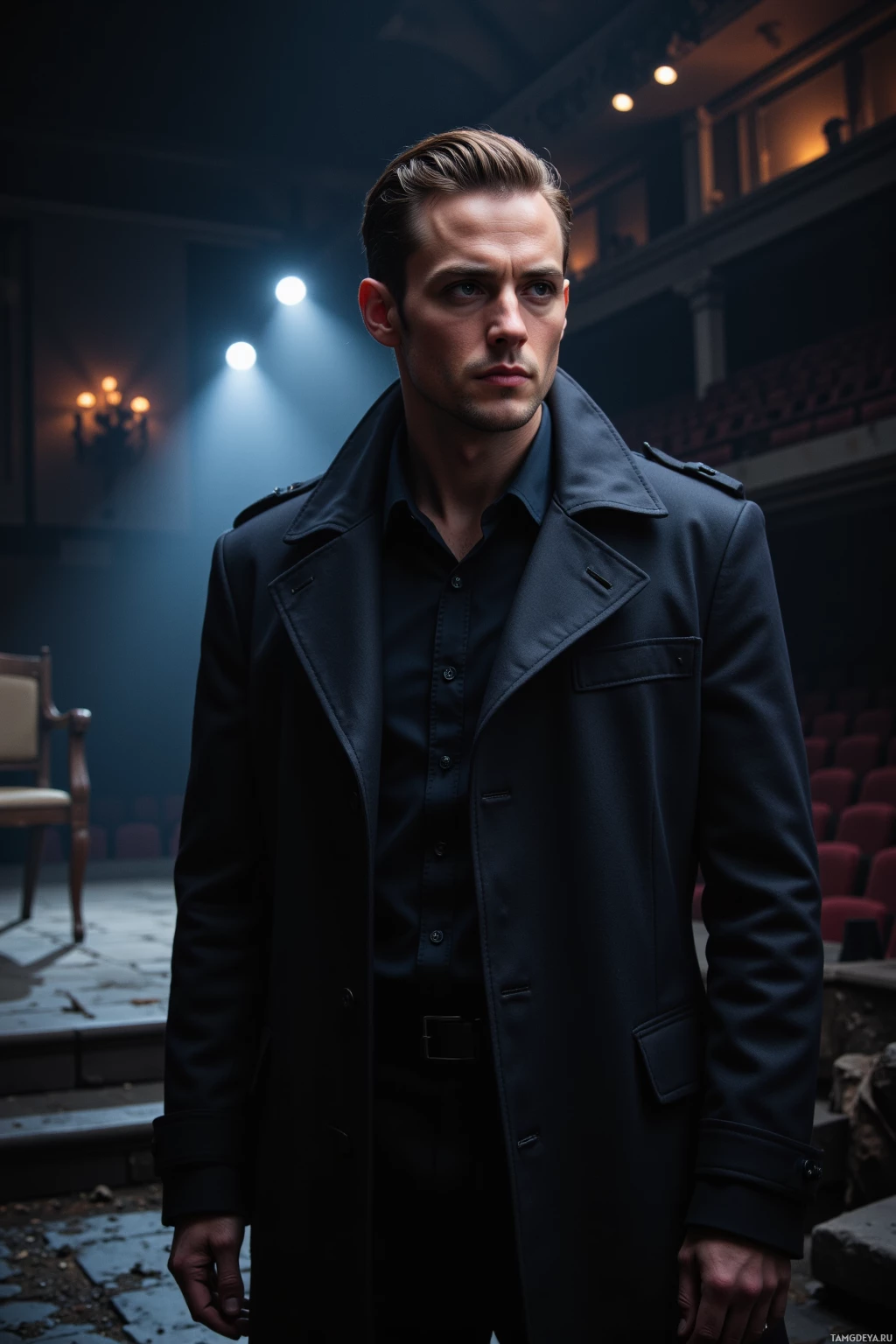 A man in a dark trench coat stands in a dimly lit theater setting.
