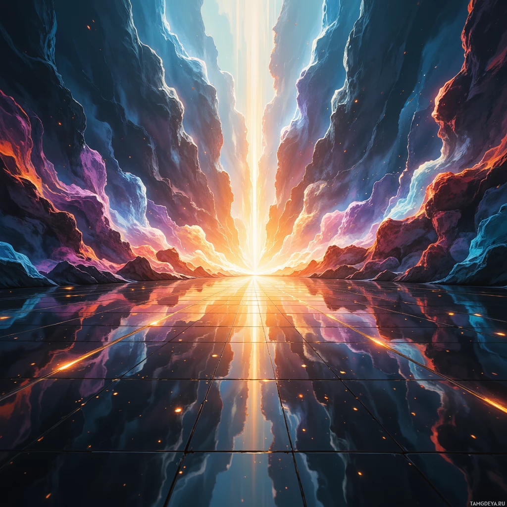 A vibrant, cosmic scene with glowing light beams and reflective surfaces.