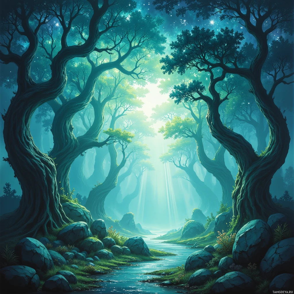 A serene forest scene with tall, twisted trees and a glowing light source in the distance.