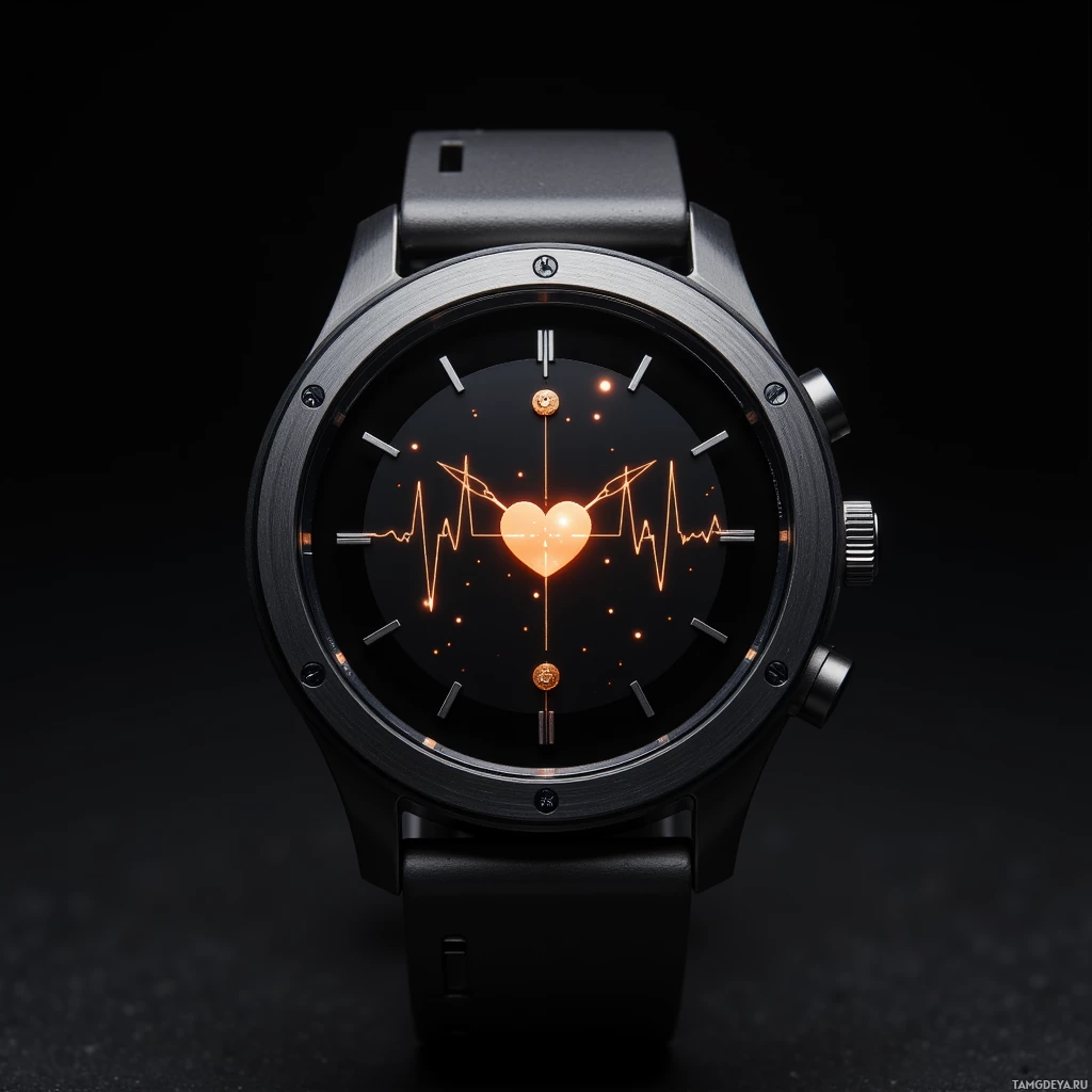 A sleek, modern smartwatch with a black face and glowing heart and heartbeat display.