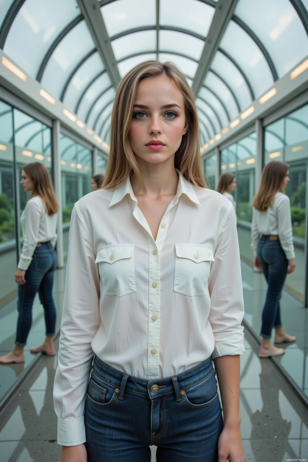 A woman in a white shirt and jeans stands in a modern glass corridor.