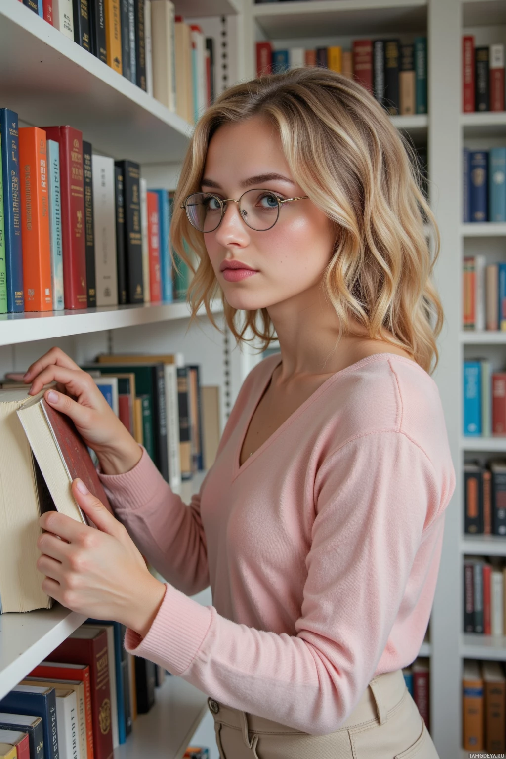 A person in a pink sweater stands in front of a bookshelf, holding a book.