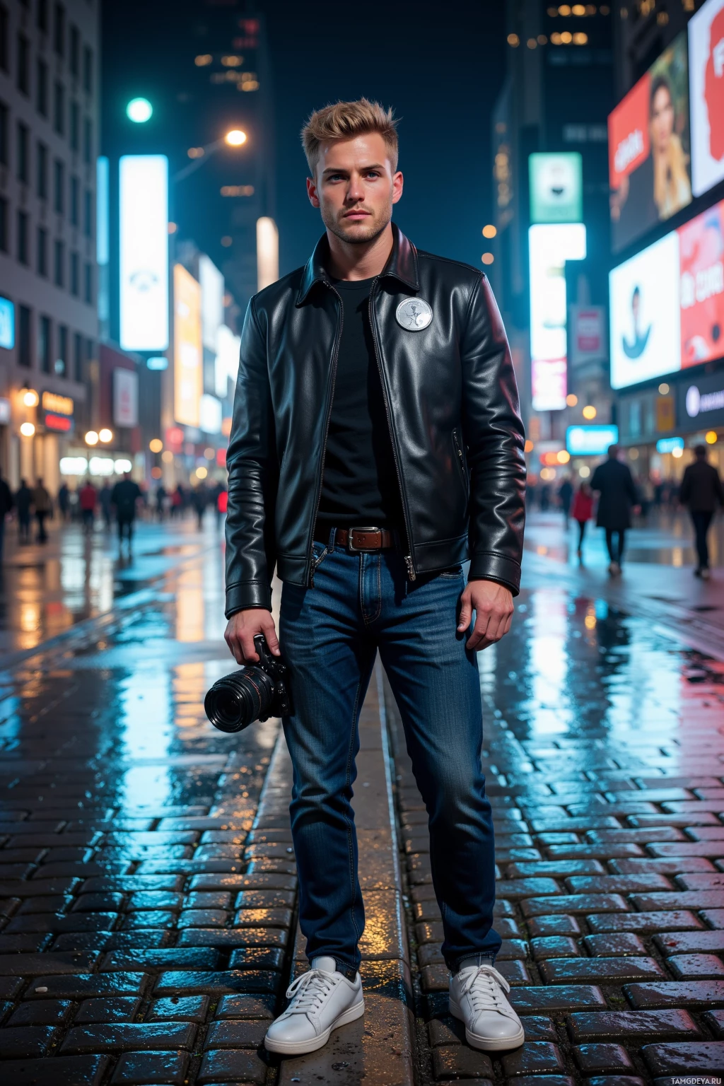 A man stands on a wet cobblestone street at night, holding a camera, wearing a black leather jacket, jeans, and white sneakers.