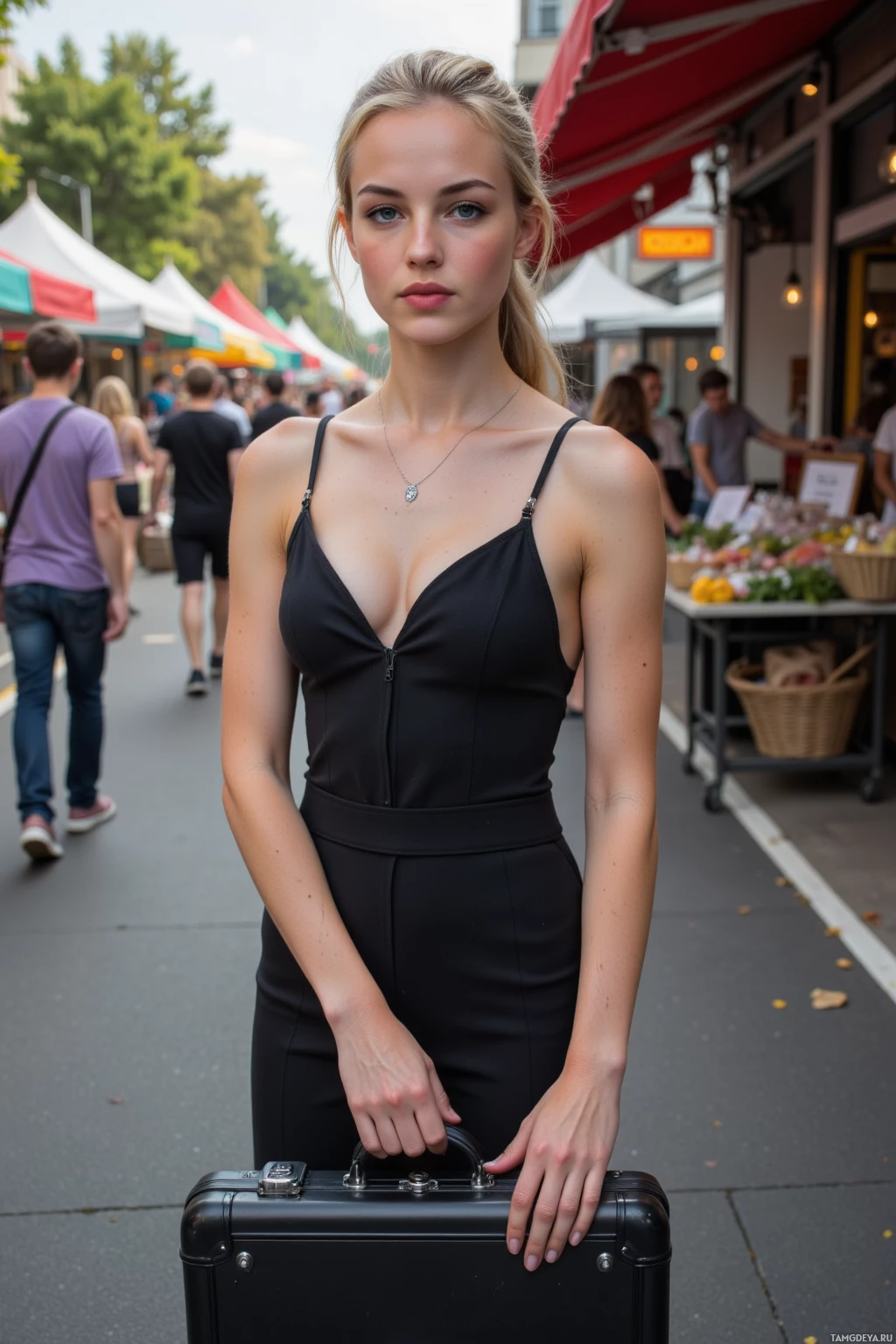 A woman in a black dress stands on a street market holding a suitcase.