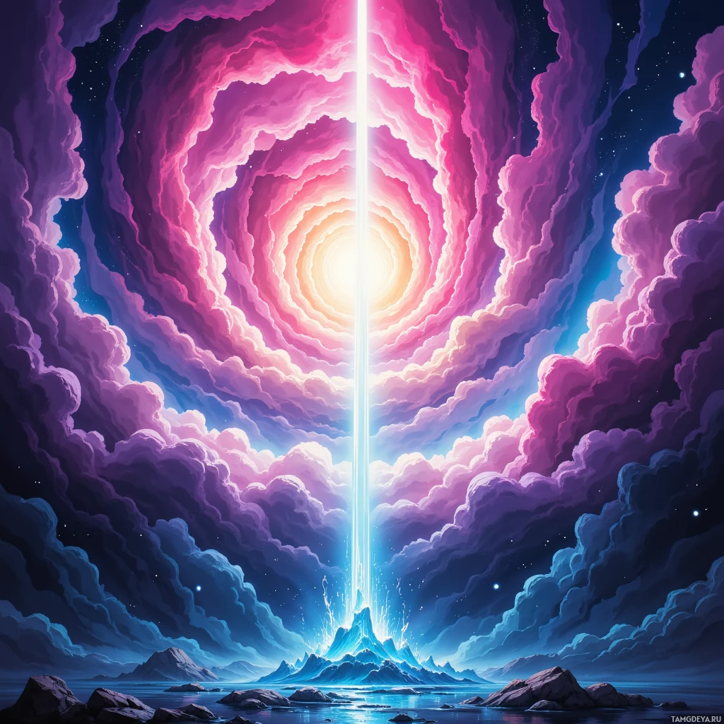 A vibrant cosmic scene with a glowing vertical light beam and swirling clouds in shades of pink, purple, and blue.