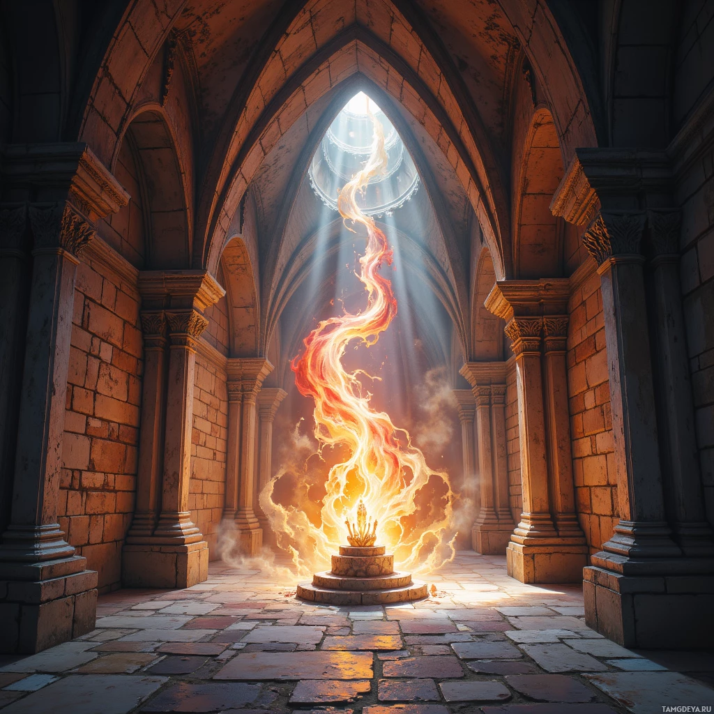 A grand, ancient chamber with arched stone walls and a glowing, fiery centerpiece emitting radiant light.