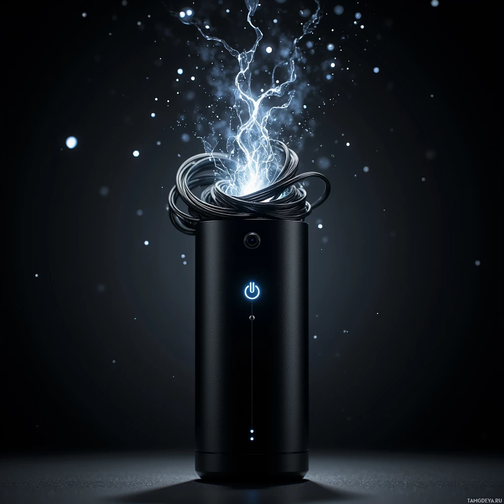 A cylindrical device emits glowing electrical energy against a dark background.
