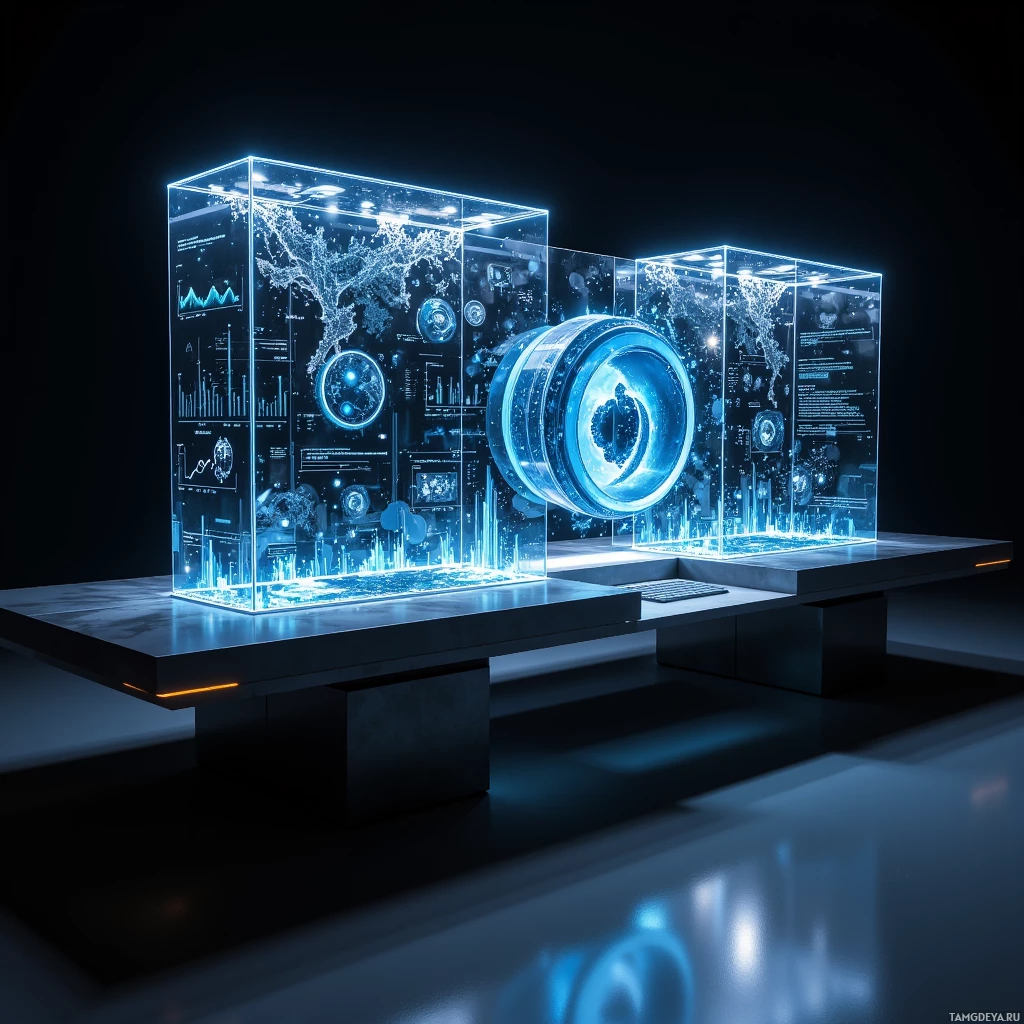 A futuristic, illuminated display featuring a transparent cube with holographic data and a cylindrical object inside, set on a sleek, modern table.