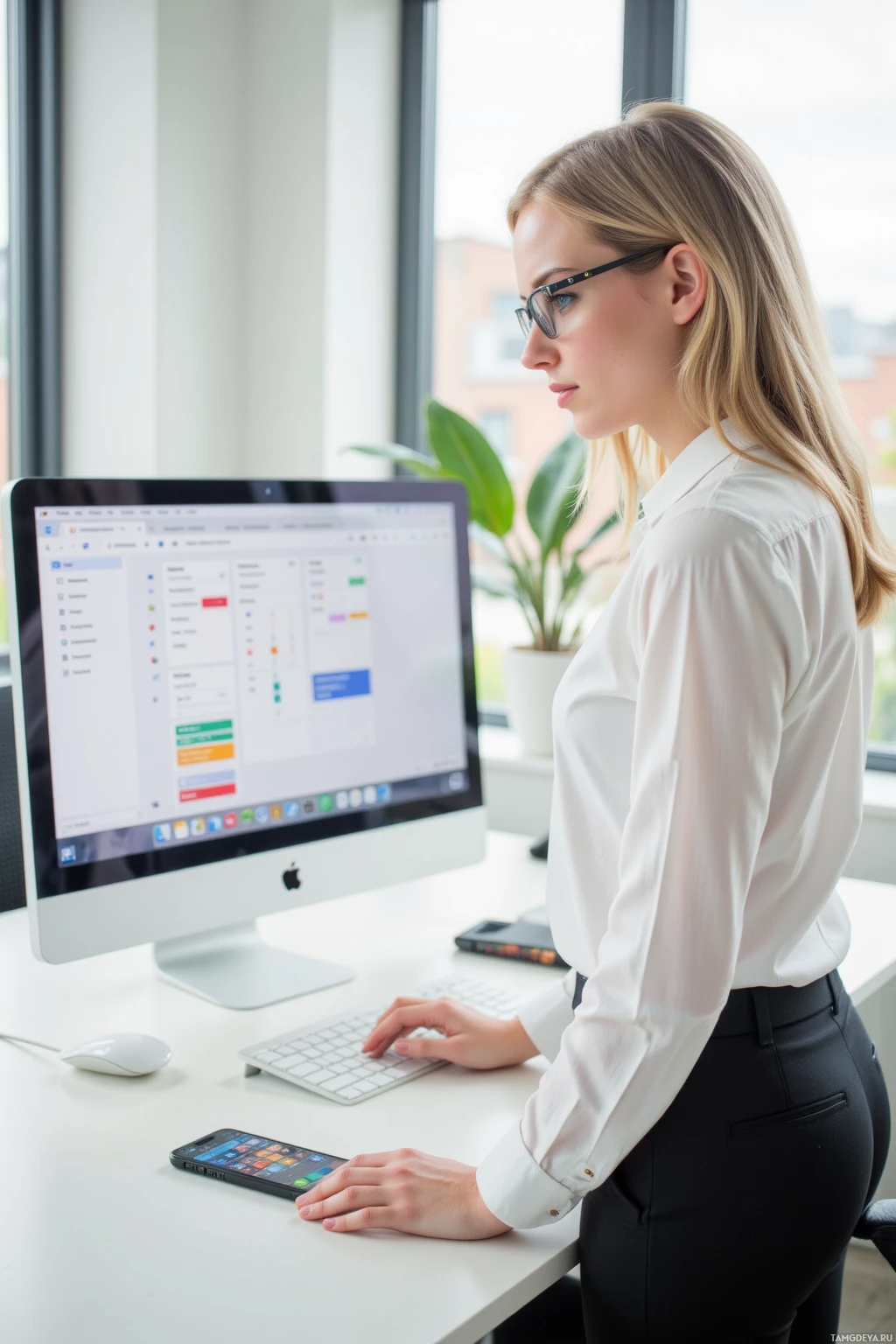 A woman in a white shirt works at a desk with a computer and smartphone.