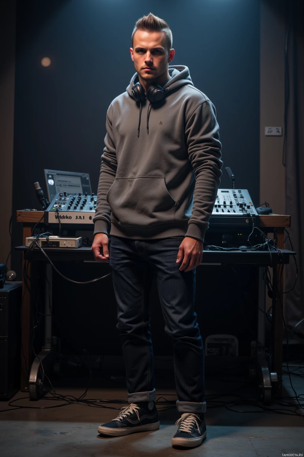 A person stands in a dimly lit room with audio equipment, wearing a hoodie and jeans.
