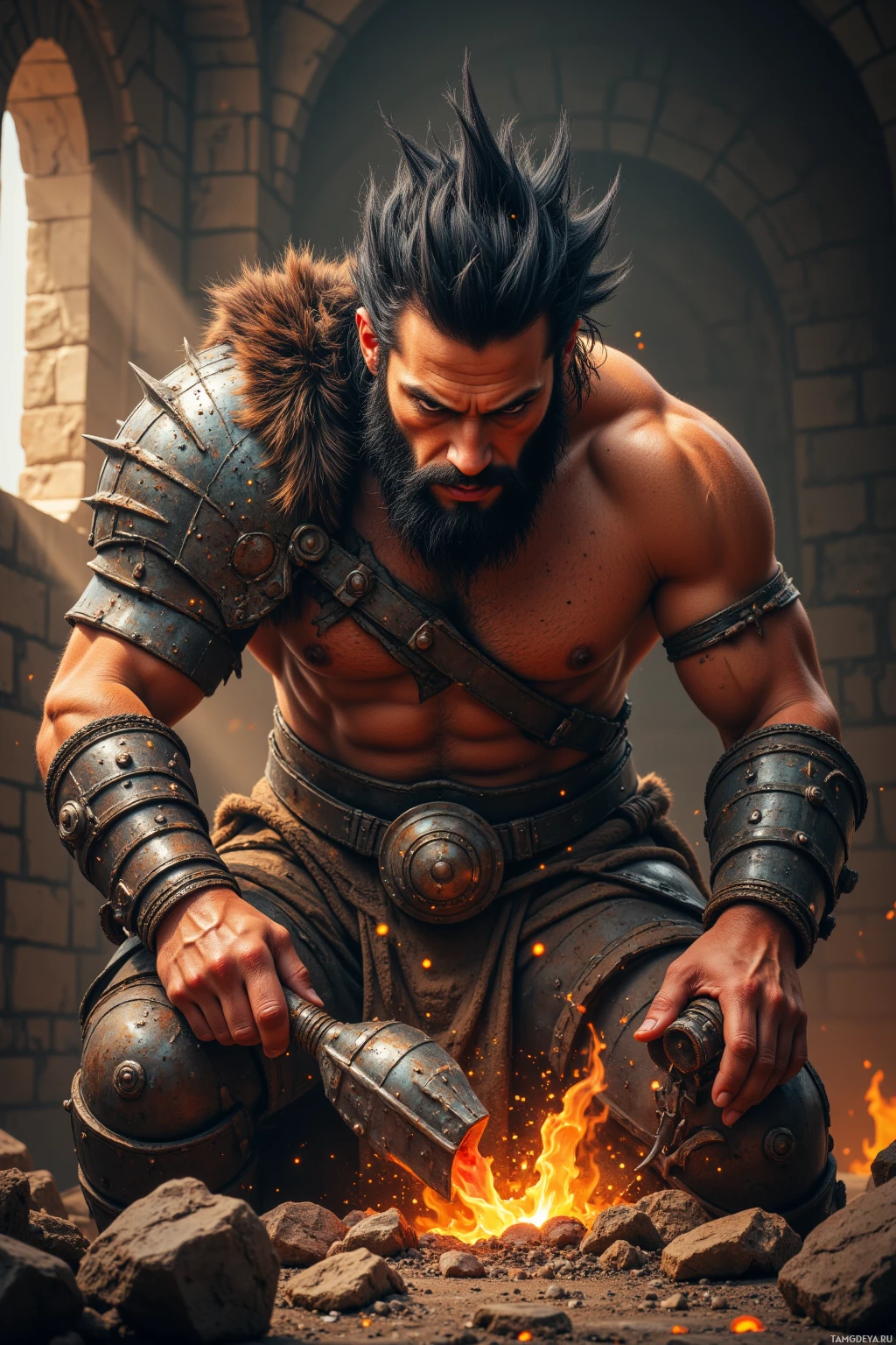 A muscular warrior in armor kneels beside a glowing fire.