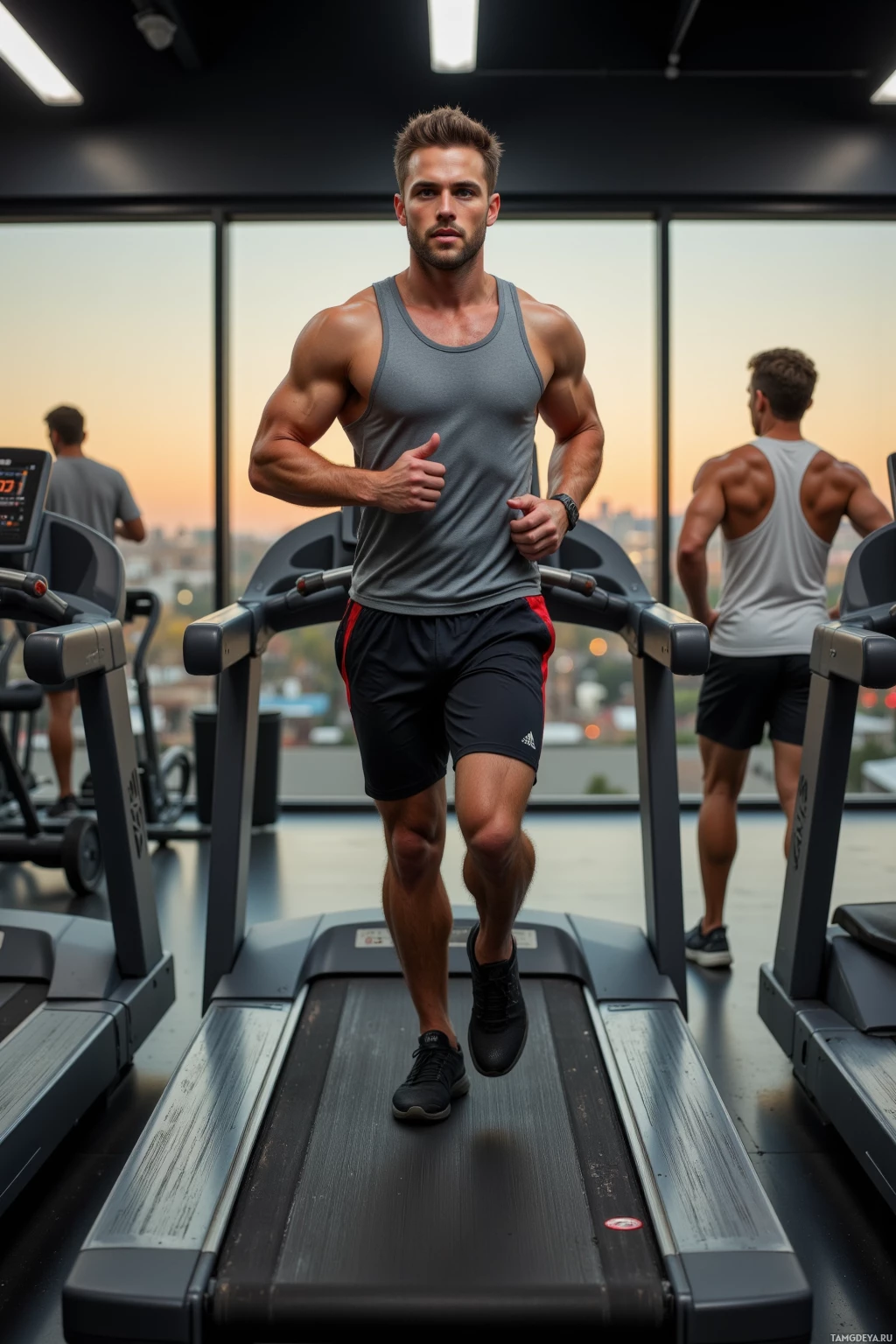 A muscular man runs on a treadmill in a gym with a cityscape view.