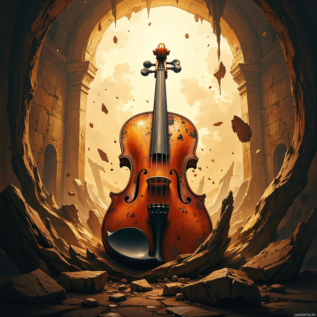 An old violin lies amidst broken stone in a sunlit, ancient ruin.