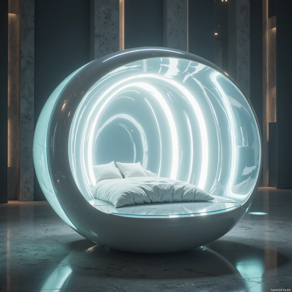 A futuristic, circular bed with glowing neon lights inside, set in a modern, minimalist room.