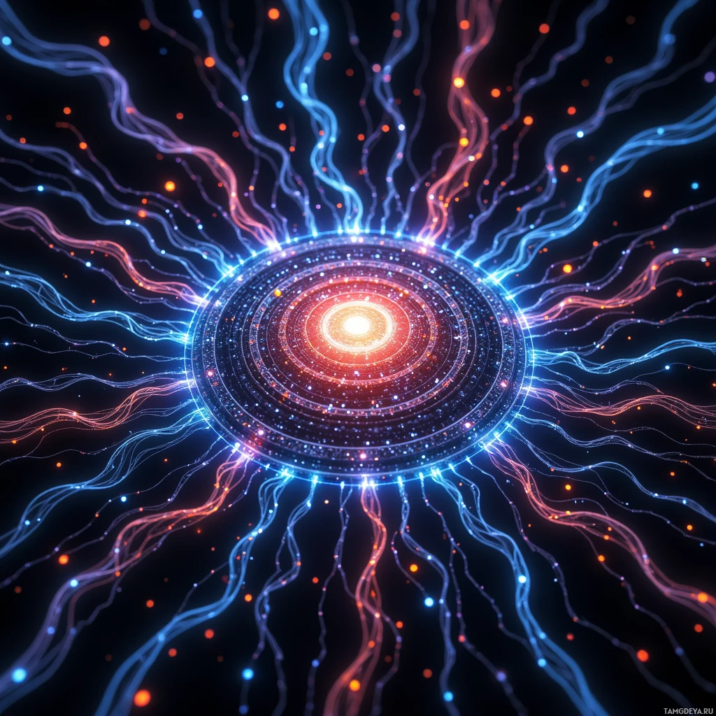 A glowing, intricate circular pattern with radiating lines and particles against a dark background.