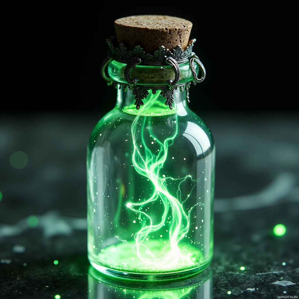 A glass bottle with a cork stopper contains glowing green energy.
