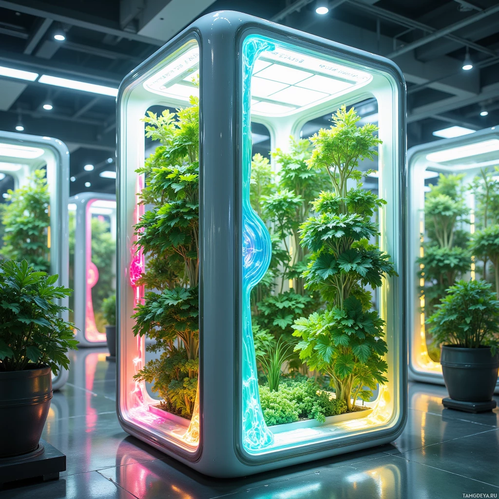 A modern indoor garden with illuminated plant enclosures in a sleek, futuristic setting.