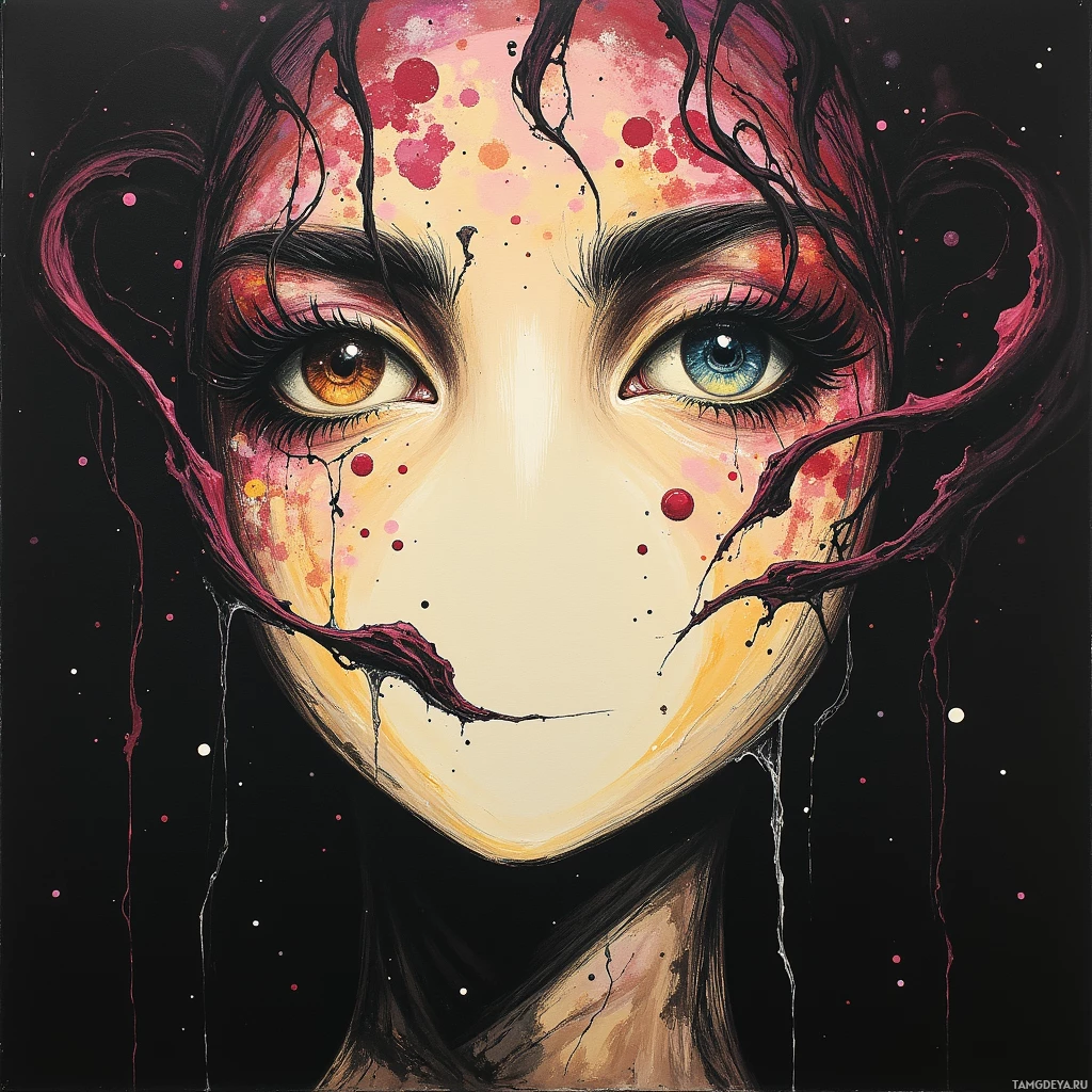 A vibrant, abstract painting featuring a face with colorful splatters and drips against a dark background.