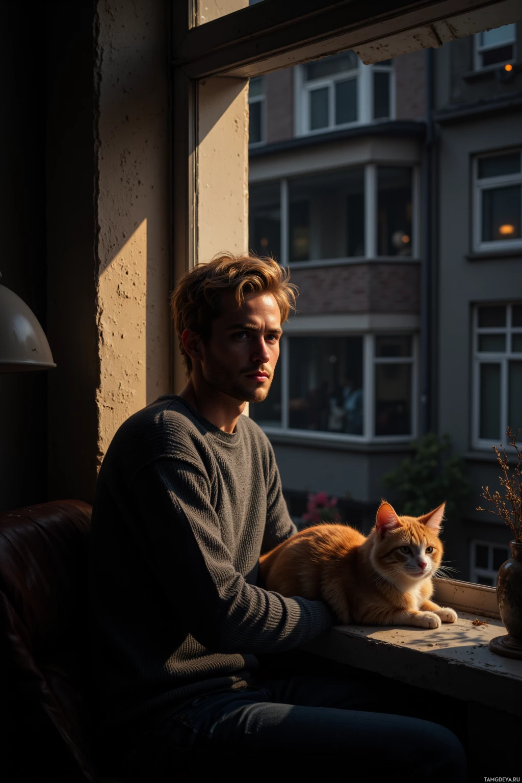 A man sits by a window with a cat resting on the sill, bathed in warm sunlight.
