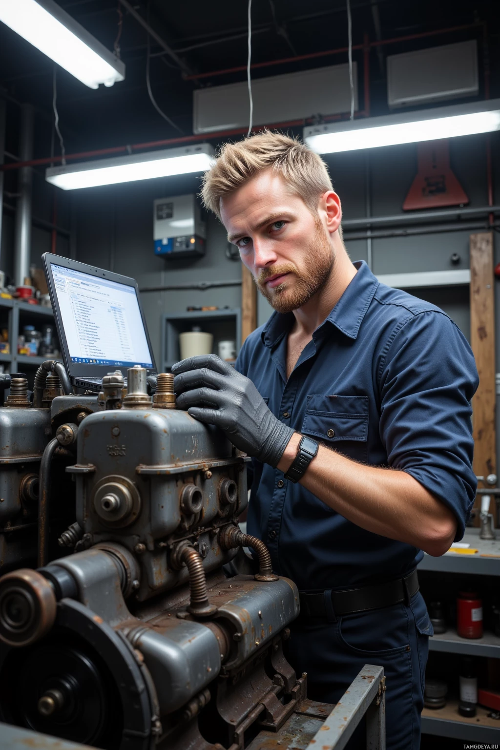 A man in a workshop wearing gloves and a blue shirt is working on a machine.
